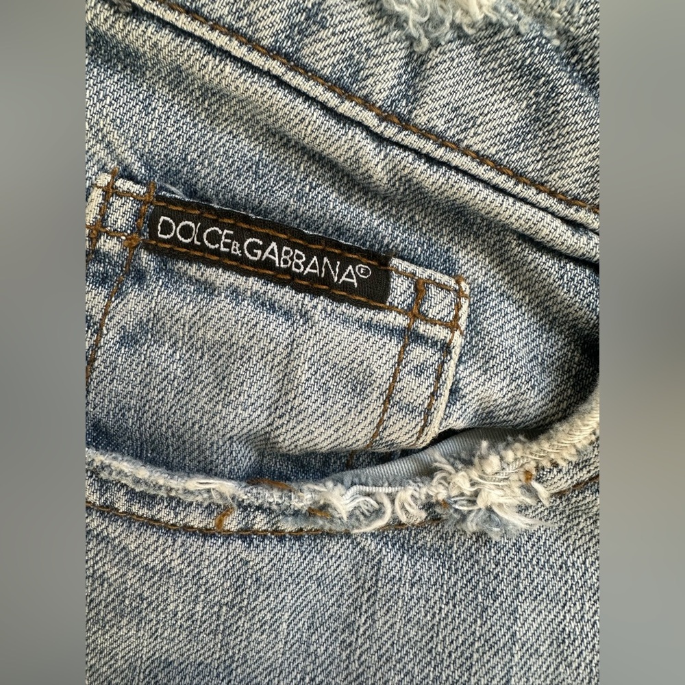 Archive Dolce Gabbana Poem Distressed Blue Denim Jeans 30 Rhinestone Y2K Flare - Picture 5 of 10